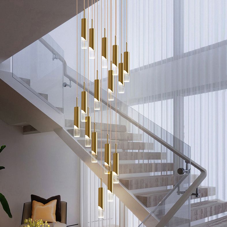 Modern Tube Shape Pendant Gold Metal Multiple Hanging Ceiling Light for Spiral Stair