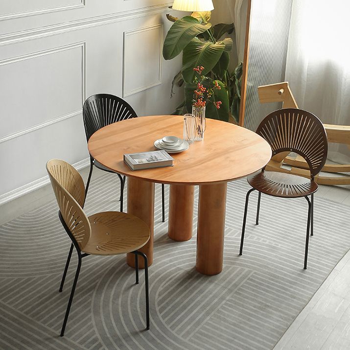 Round Pedestal Contemporary Dining Table Brown Tone Fixed Table of Solid Wood