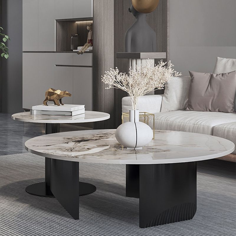 Contemporary Round Coffee or End Table Iron and Stone Coffee Table in Black and White