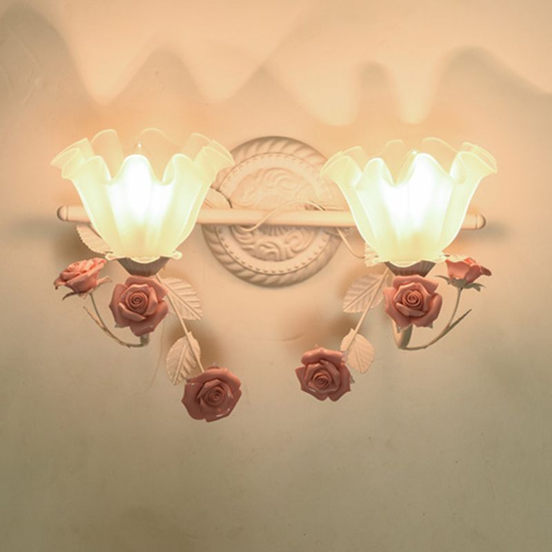 Ruffle Bathroom Wall Mount Light American Flower Frosted Glass 2/3-Head Pink/Blue Vanity Sconce