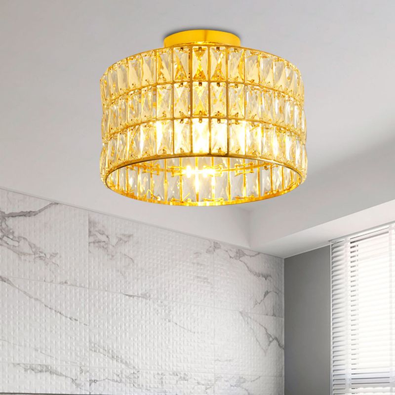 Luce del soffitto semifulgo semplice a tamburo 3 lampadine cristalli smussati inseriti dispositivo montato a filo in oro