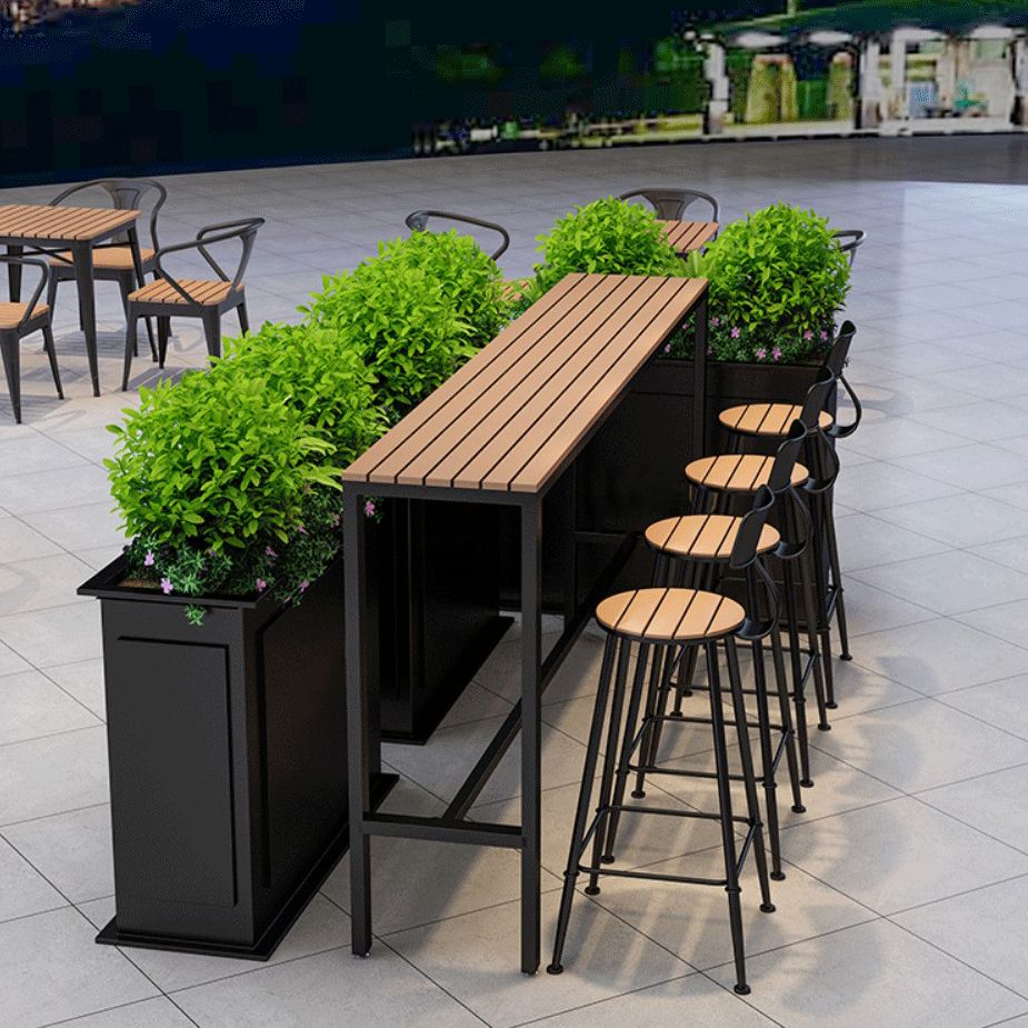 Contemporary Pub Table with Trestle Light Brown Faux Wood Top Bar Table