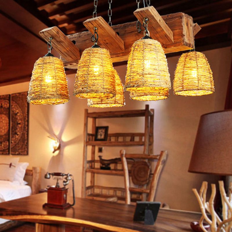 Brown Tapered Suspension Light Fixture Asia Rattan Island Lighting for Dining Room