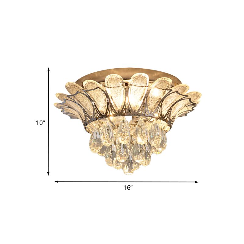 Clear Glass Petals Flush Light Simple Bedroom LED Flush Mount Ceiling Fixture with Crystal Droplet