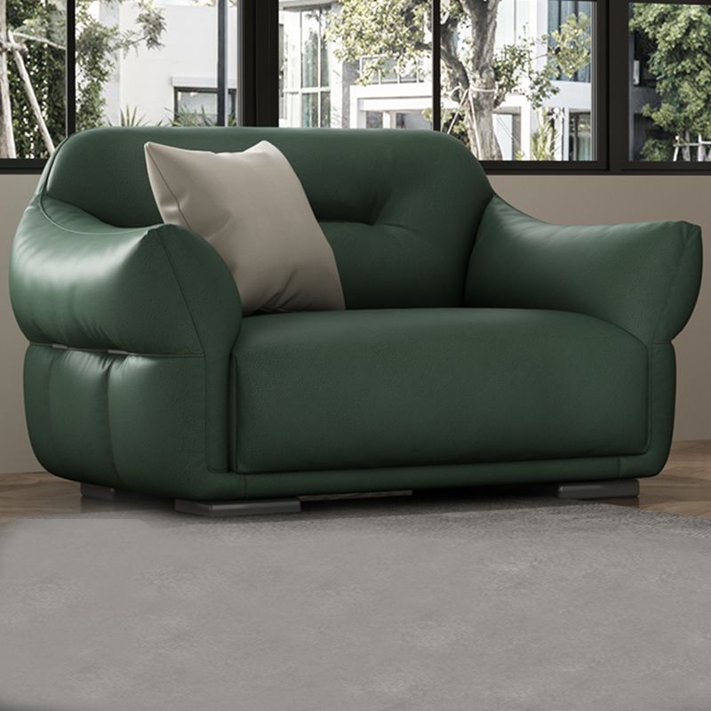 Contemporary Green Square Arm Genuine Leather Stationary Sofa