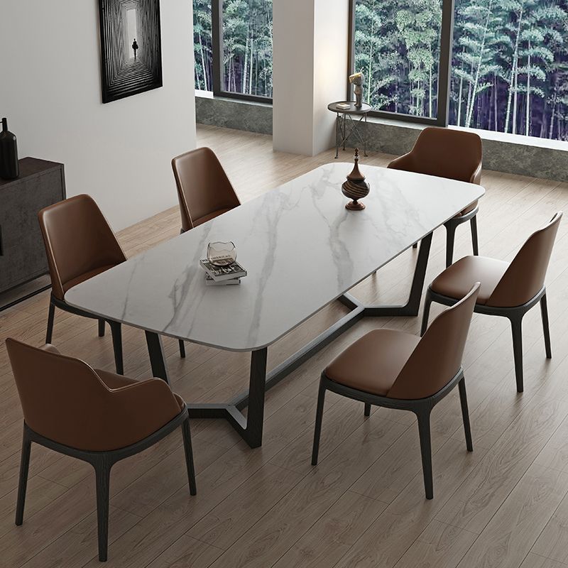 Rectangle Trestle Base Industrial Table White Fixed Table with Sintered Stone