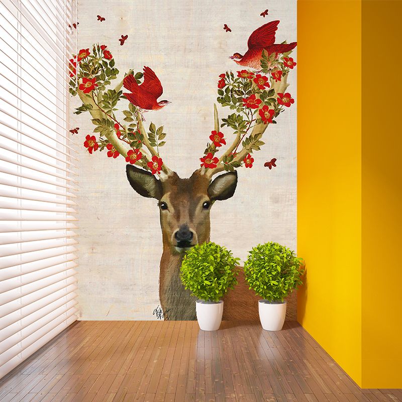 Red Brown Artistry Wallpaper Murals Whole Deer with Flower Antler Wall Art for Bedroom