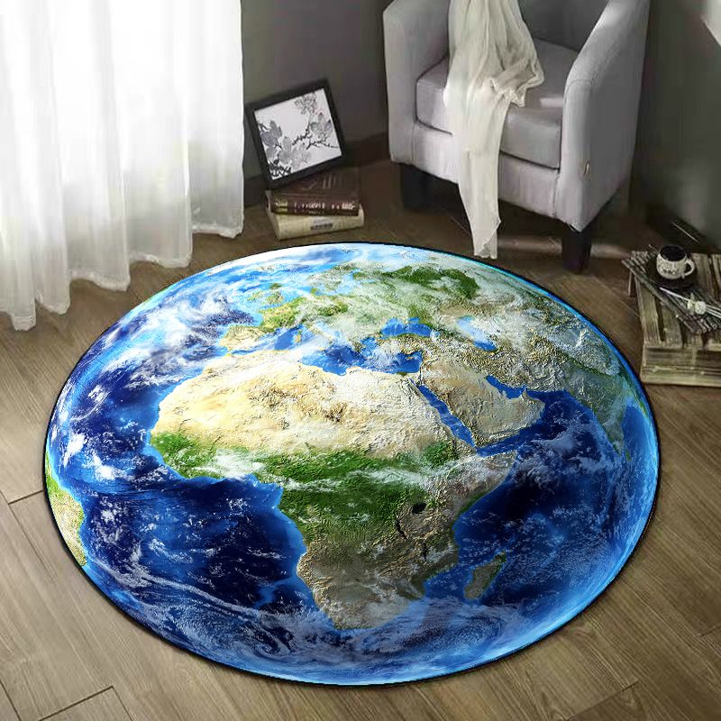 Round Blue Tone Earth Print Rug Polyester Carpet Creative Stain Resistant Indoor Rug for Living Room