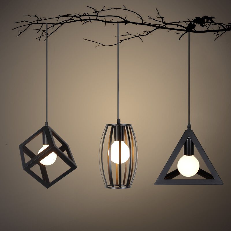 Black 1 Head Suspension Lamp Industrial Iron Geometric Cage Hanging Ceiling Light for Restaurant