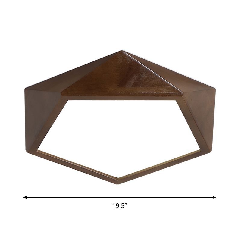 Brown Faceted Pentagon Ceiling Mount Lamp Minimalist 13"/16"/19.5" Wide LED Wooden Flush Lighting