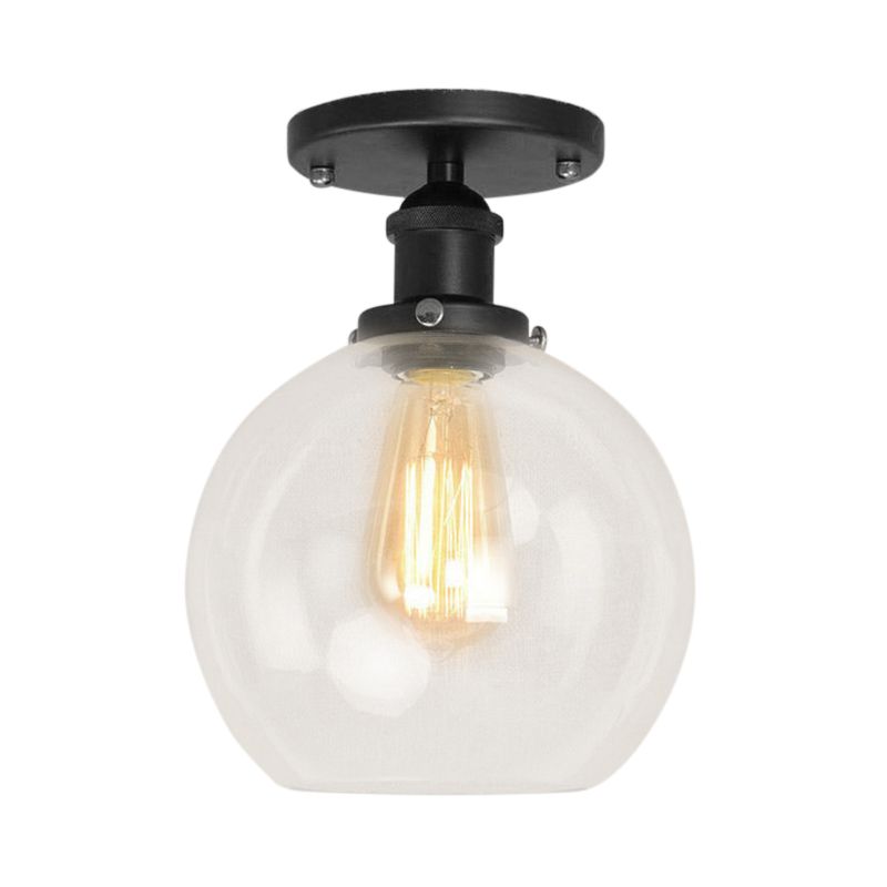 Plafonnier sphérique semi-affleurant industriel en verre transparent, une lumière, noir/laiton/cuivre, pour balcon