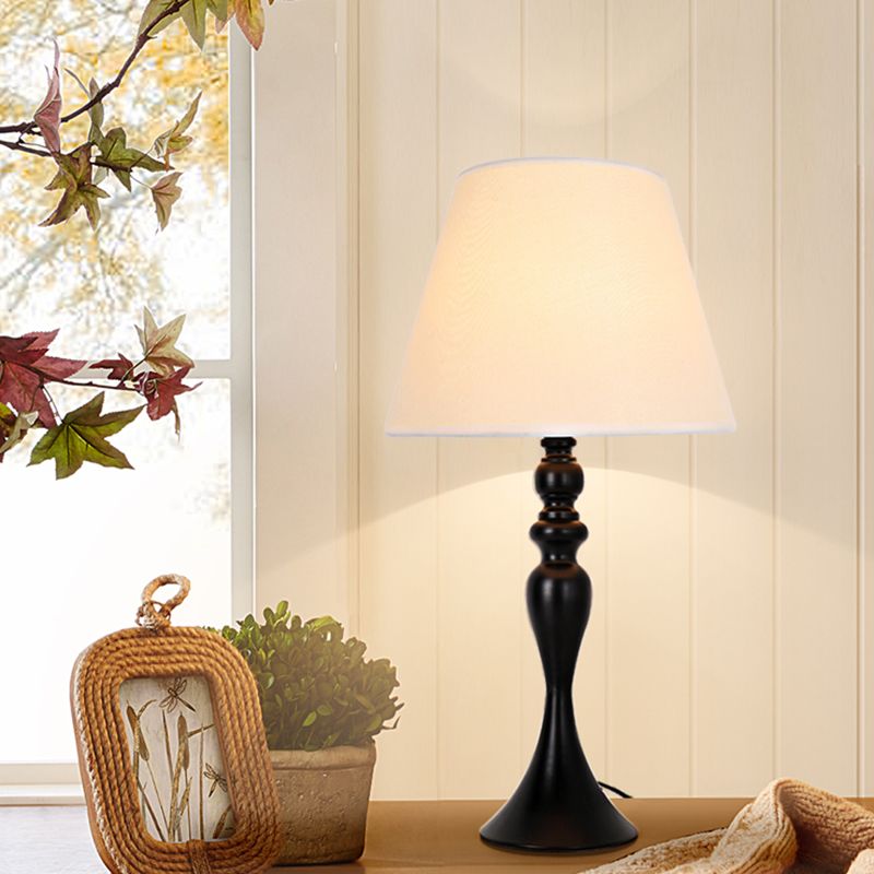 Retro Style Conic Table Light 1-Head Fabric Night Lamp with Baluster Base in White/Black