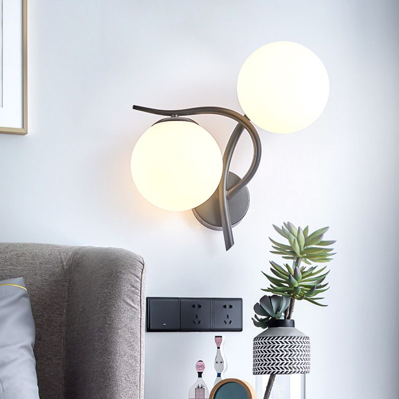 2 Heads Nordic Style Wall Mount Light Metal Arm Glass Shade Sconce Light Fixture for Bedroom