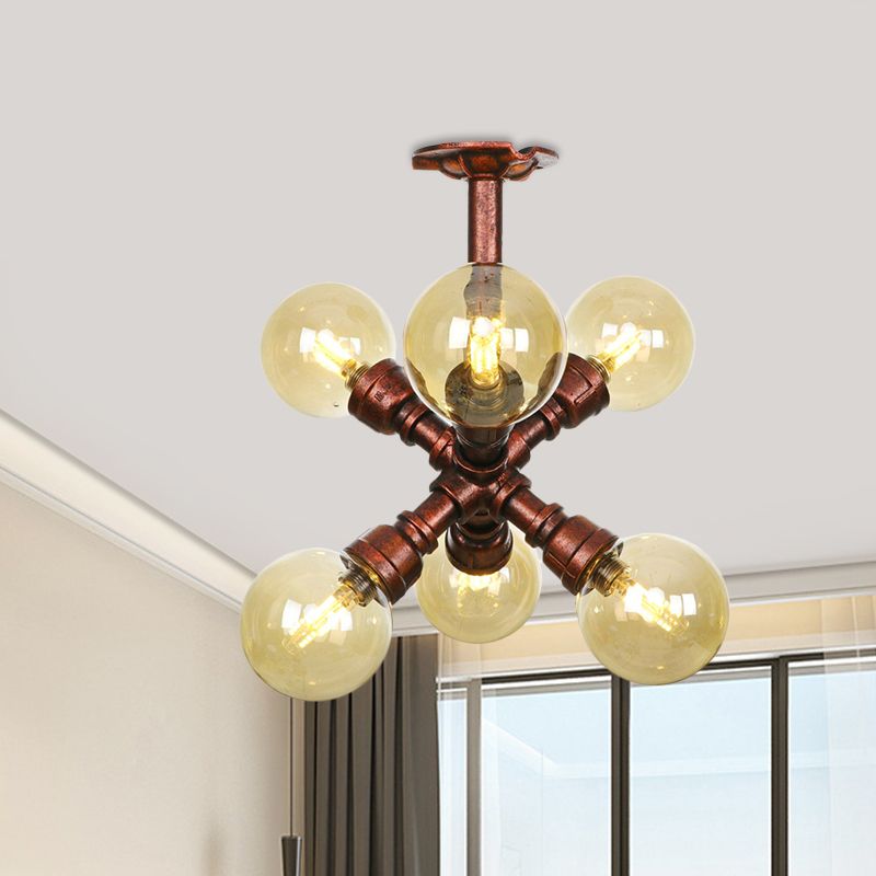 Farmhouse Global Semi Mount Lighting 4/5/6-Light Amber Glass LED Flush Lamp Fixture in Copper