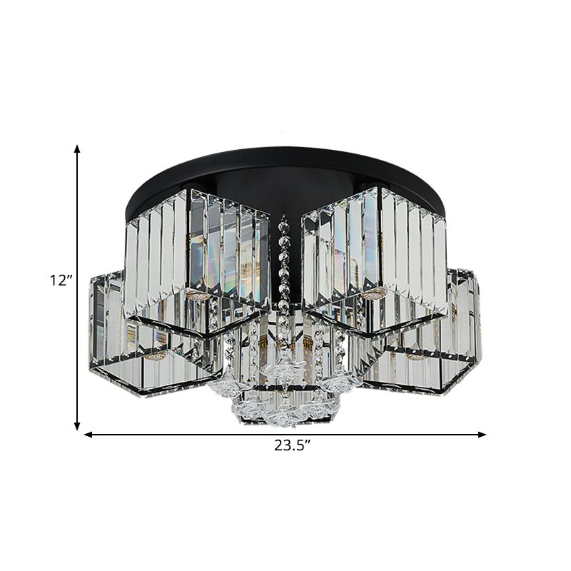 Black Canopy 5/6 Bulbs Flush Mount Contemporary Clear Crystal Cubic Shade Ceiling Light Fixture with Flower Draping