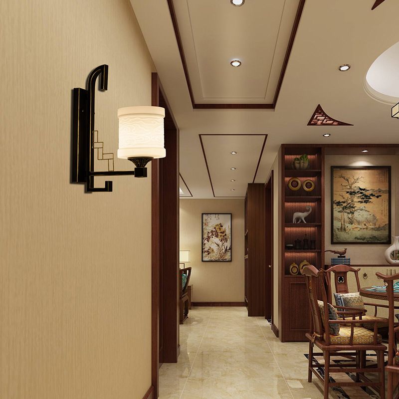 Black 1 Light Wall Mounted Light Traditional Metal Cylinder Sconce for Corridor with Fabric Shade