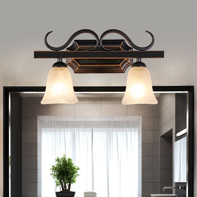 Classic Bell Vanity Lamp 2/3 Lights Frosted Glass Wall Mounted Light in Black for Bathroom