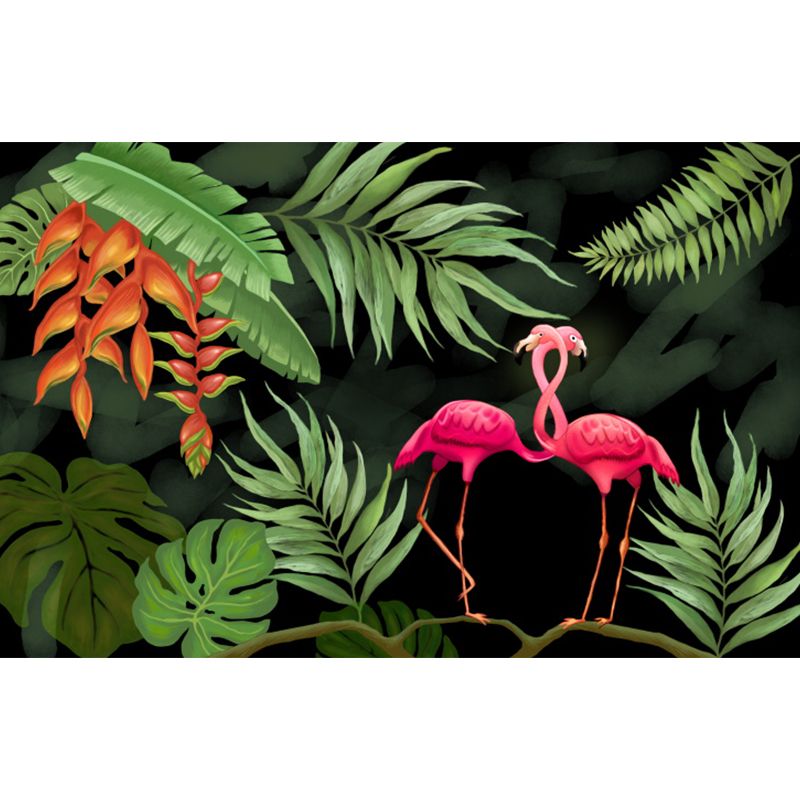 Green Flamingos Mural Wallpaper Wild Animals Tropical Stain Resistant Wall Covering