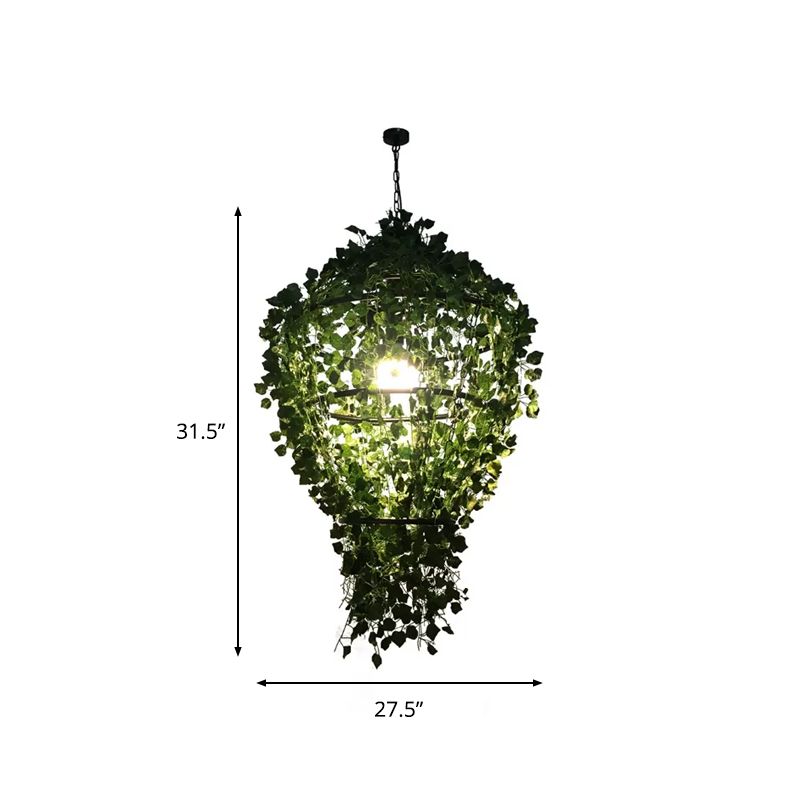 Caged Metal Down Lighting Pendant Retro 1 Bulb Restaurant LED Hanging Ceiling Light in Black with Plant