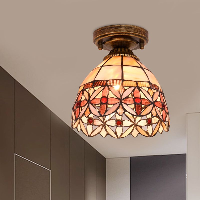 Tiffany Floral Bell Flush Mount 1-Light Shell Ceiling Light Fixture in Beige/Red-White/Pink for Living Room