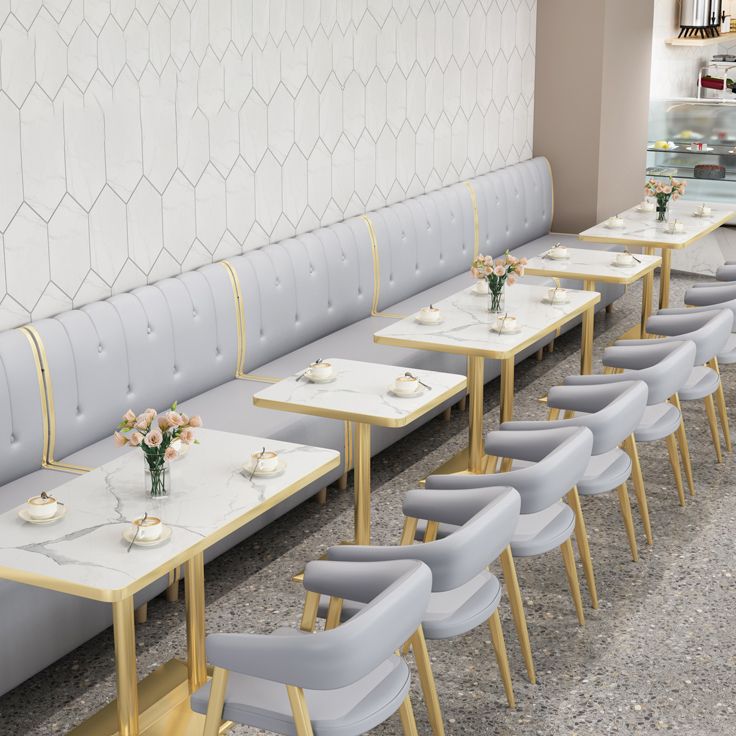 Industrial White Table for Restaurant Dining Table with Metal Base in Gold
