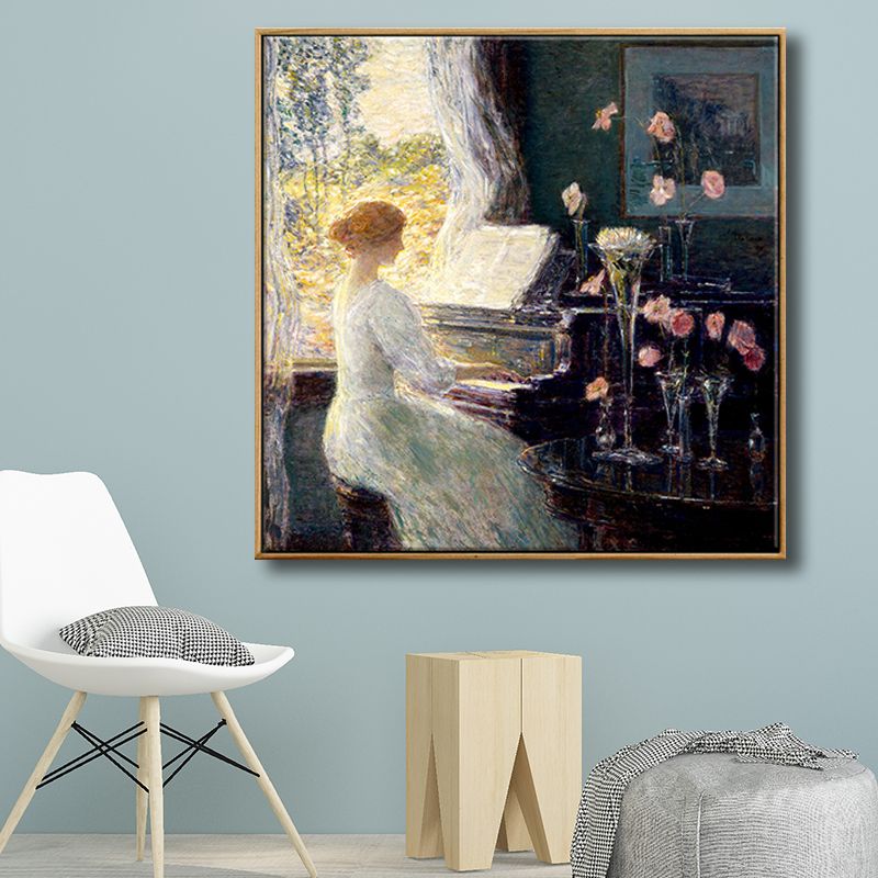 Vintage-Wandkunst-Dekor, grüne Schönheit, die Klavier spielt, Leinwand in Grün für das Wohnzimmer