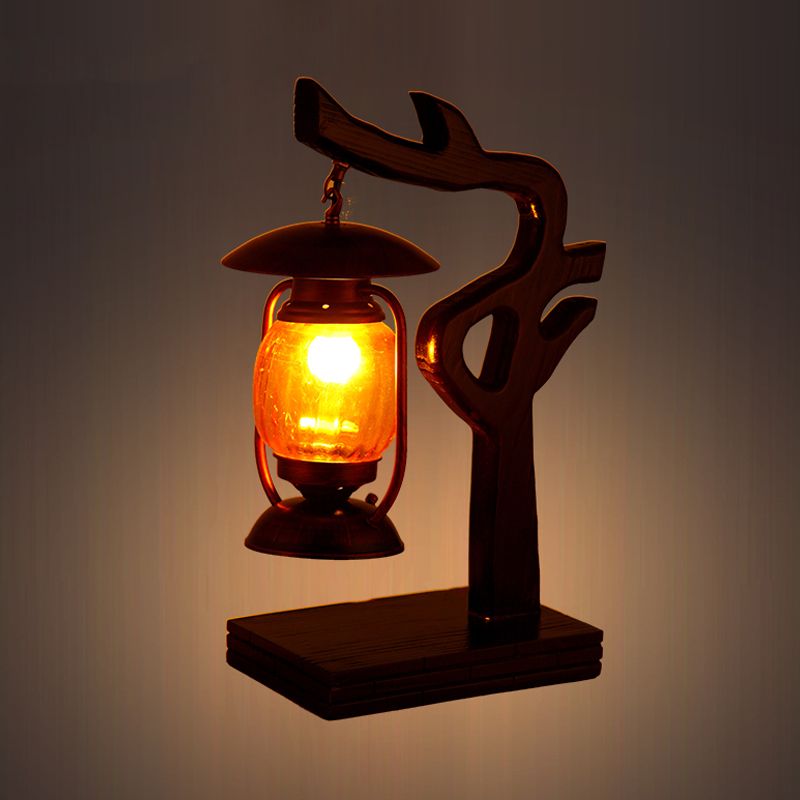 Lámpara de escritorio de queroseno de fábrica 1 iluminación de mesa de vidrio amarillo claro en cobre con diseño de árbol de madera