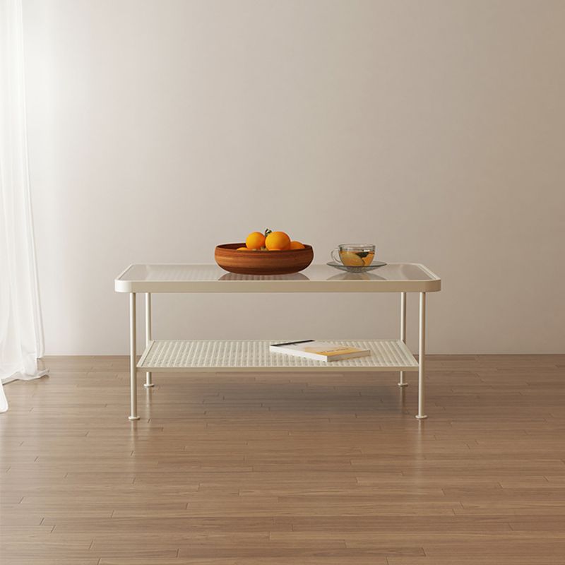Glass Modern Rectangular Coffee Table with Shelf 4 Legs Cocktail Table