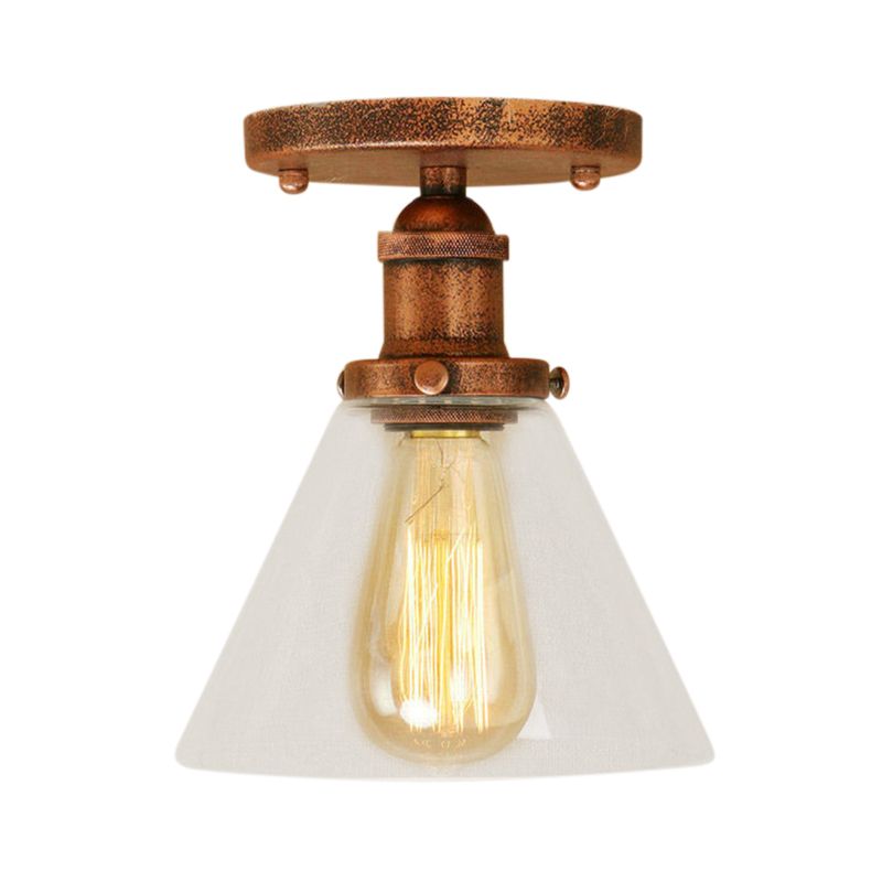 Single Bulb Semi-Flush Mount Industrial Conical Clear Glass Ceiling Light in Black / Brass / Copper