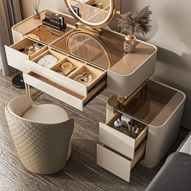 Dimmable Lighted Mirror Dressing Table with 5 Drawers Glass/Stone Top Make-up Vanity