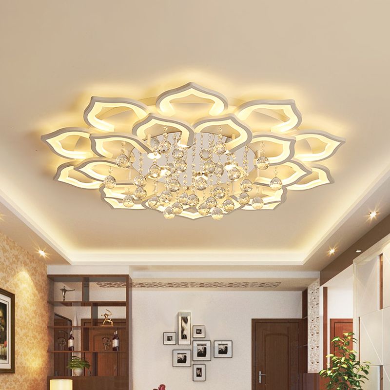 6/16/20 Lights Living Room Ceiling Light White Flush Mount Light Fixture in Warm/White Light with Floral Acrylic Shade and Crystal Drop