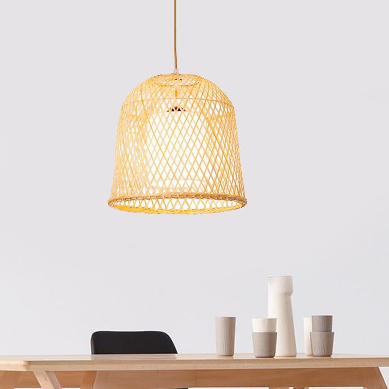 Tradición de iluminación colgante de campana bambú 1 kit de lámpara colgante de madera de bulbo con sombra de tela blanca interna