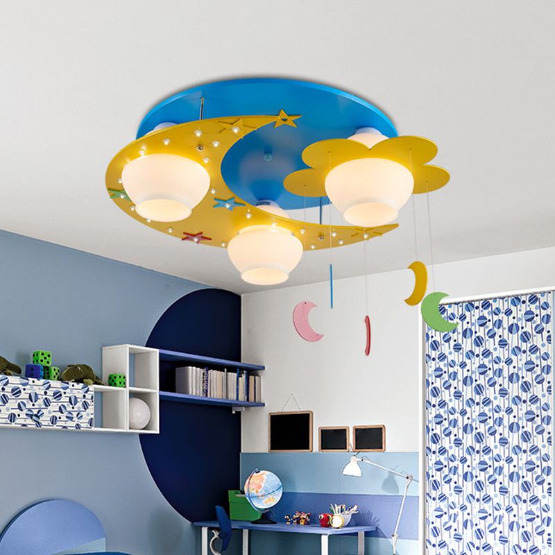 Wood Moon Flush Mount Lamp Kid 3 Bulbs Blue Flush Ceiling Light with Blown Glass Shade