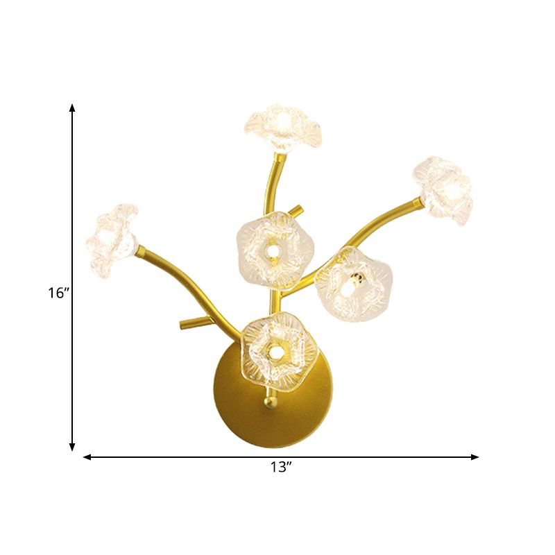 Floral Bedside Sconce Light Fixture Transparent Glass 6 Bulbs Modern Wall Mount Lamp in Gold