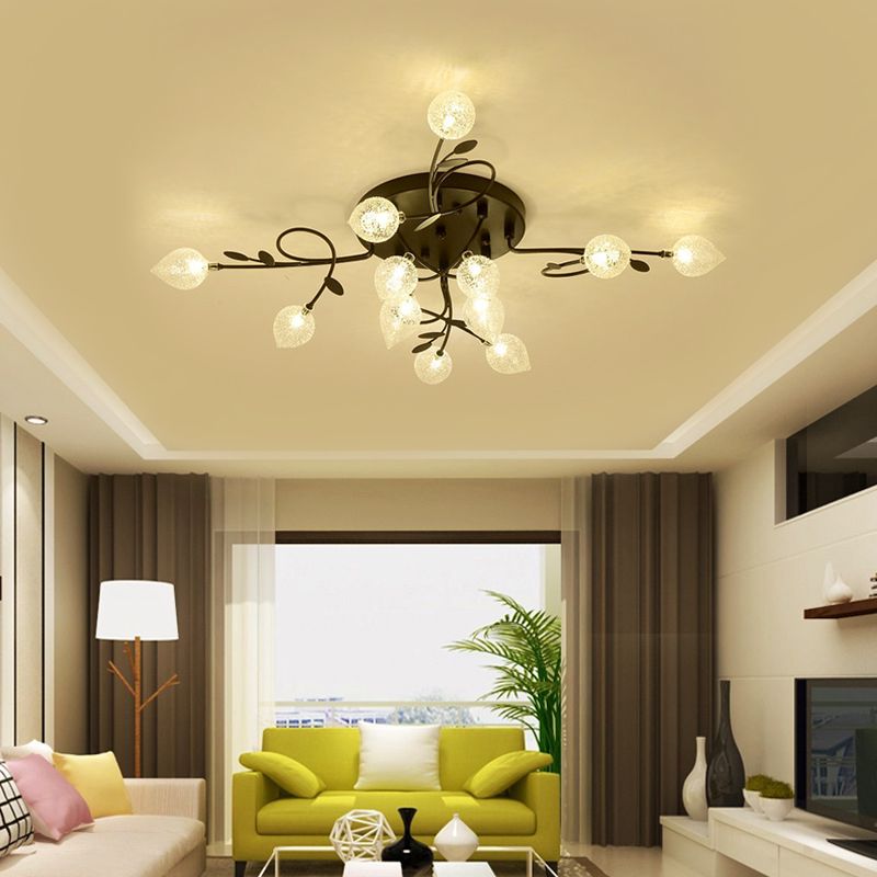 Branch Bubbled Glass Ceiling Lighting Contemporary 8/12/16/20 Lights Black/Gold Flush Mount Ceiling Fixture with Metal Arm