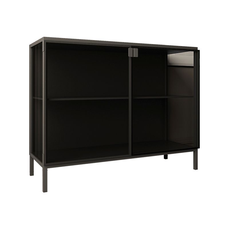 Contemporary Black Dining Server Glass Doors Dining Server with Metallic Finish