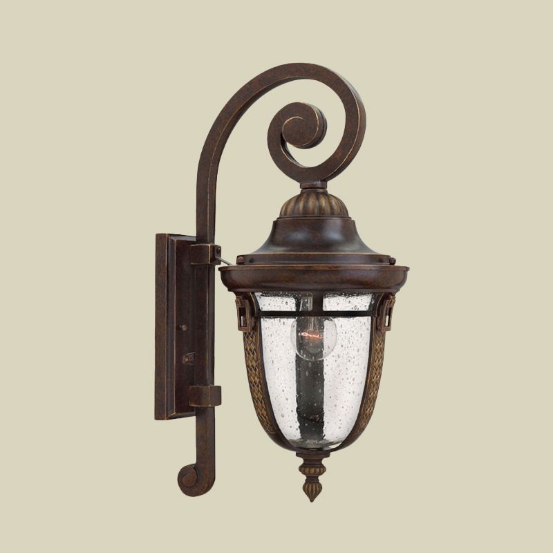 Scrolling Arm Metal Wall Lamp Rustic 1 Light Outdoor Sconce in Bronze with Seedy Glass Shade