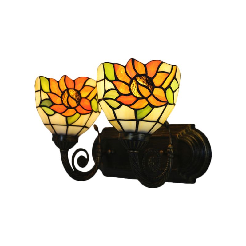 Sunflower Stained Glass Wall Light Tiffany 2 Lights Brass Wall Sconce with Domed Shade for Bedroom