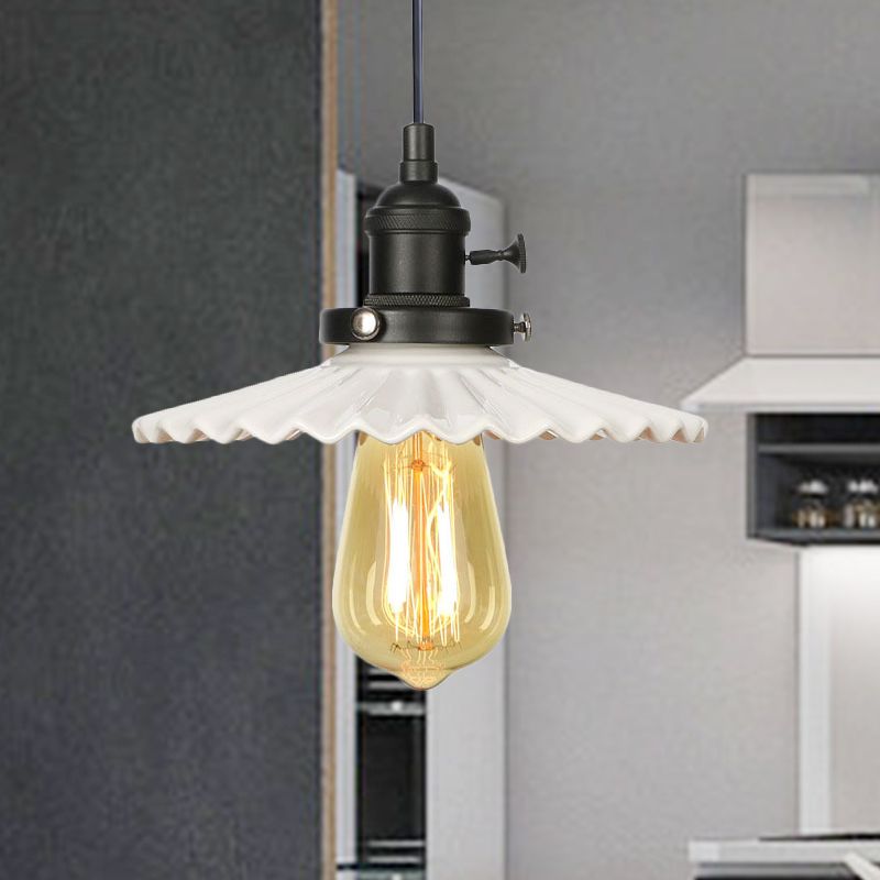 Industrial Scalloped Edge Hanging Light Fixture Ceramic 1 Bulb Dining Room Pendant Ceiling Light in Black/Bronze/Brass
