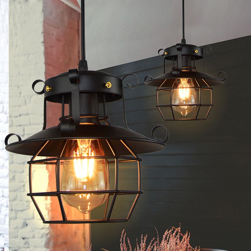 Retro Industrial Open Grid Cage Pendant Light Iron 1 Light Black Suspension Light for Dining Table