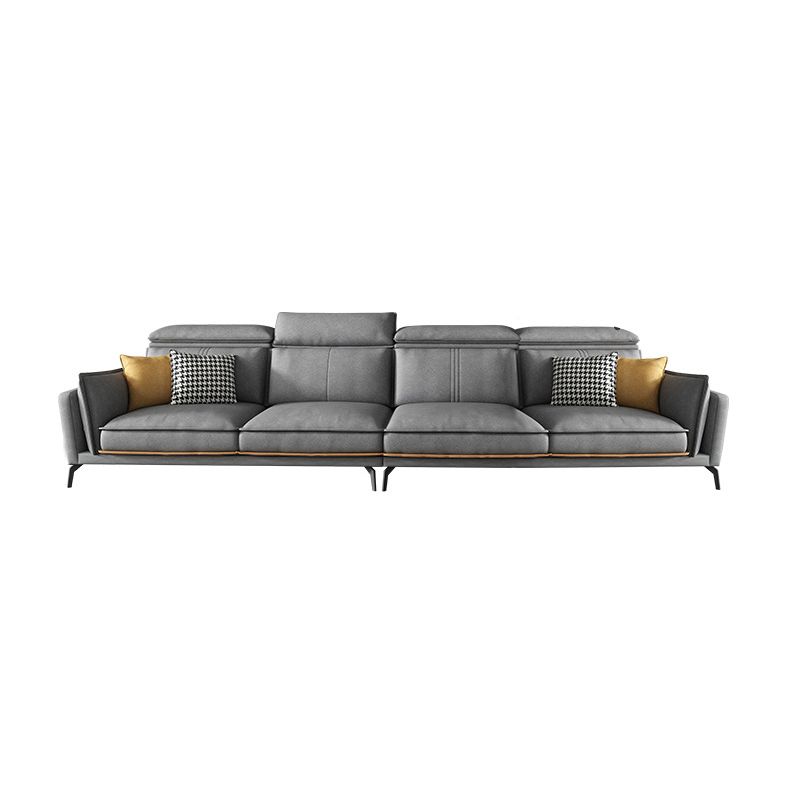 Modern Square Arm Cushion Back Sectional Faux Leather Sofa and Chaise in Dark Gray