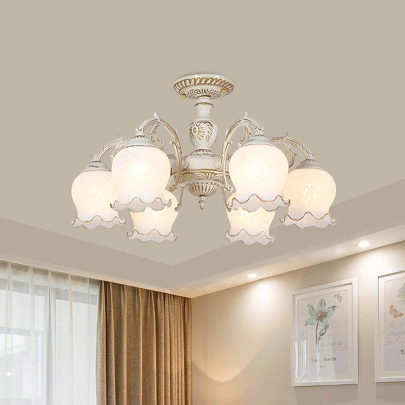 Blume Wohnzimmer semi Flush Rustikale Weiss Glas 3/5/6 Bulben Beige Flush Mount Light Halterung