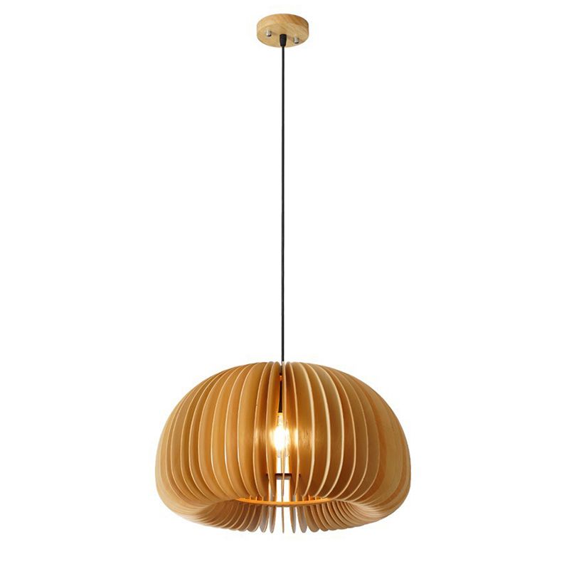 Beige Wood Slatted Hanging Light Chinese Style 1 Light  Restaurant Ceiling Pendant Lamp