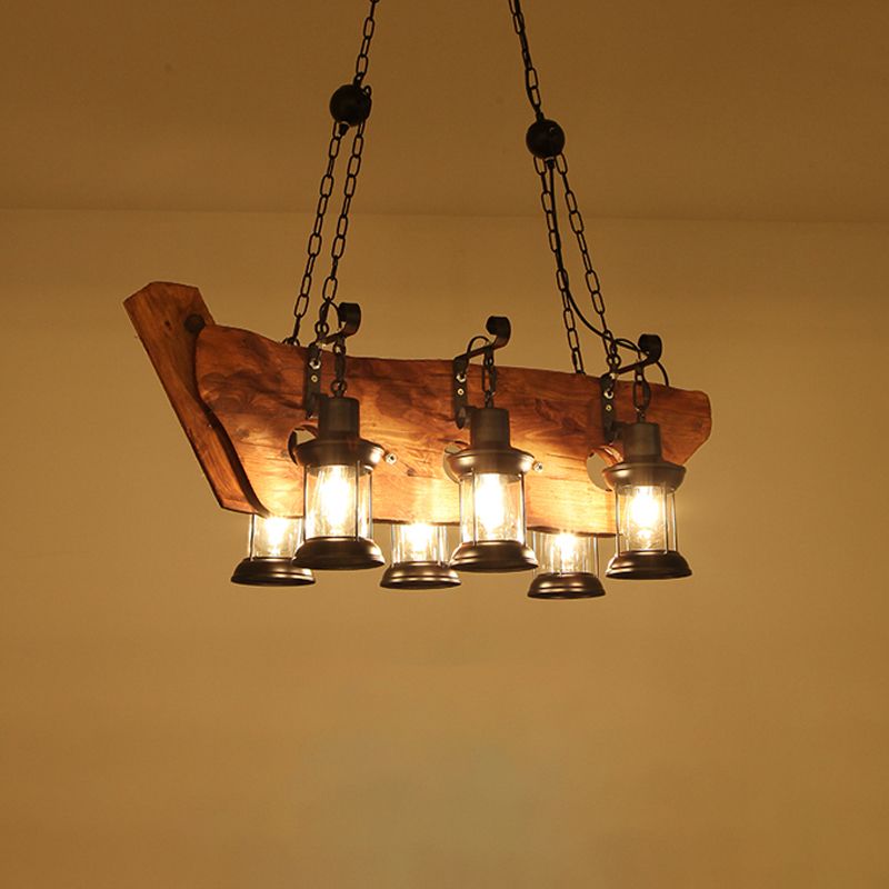 2/6/8 LUMIÈRES LANTERIE PENDANT Ferme de lampe brune îlot en verre transparent avec cercle / trapézoïde / bras en bois sillonnant