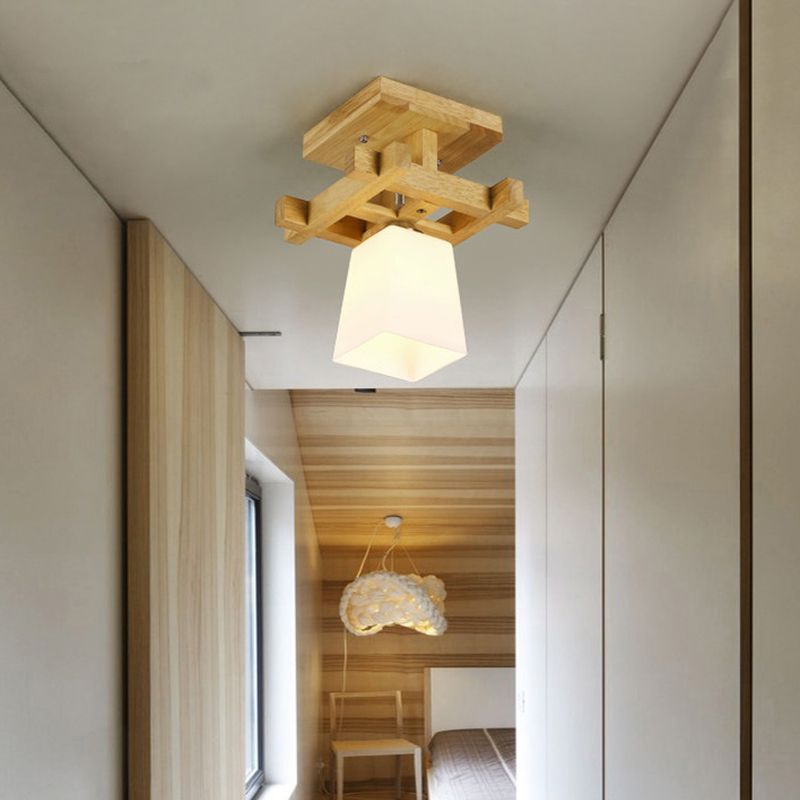 Trapezoidaler Gang Deckenlampe Opalglas 1-Licht Nordic Style Semi Flush Mount Light in warmem/weißem Licht mit Holzoberteil