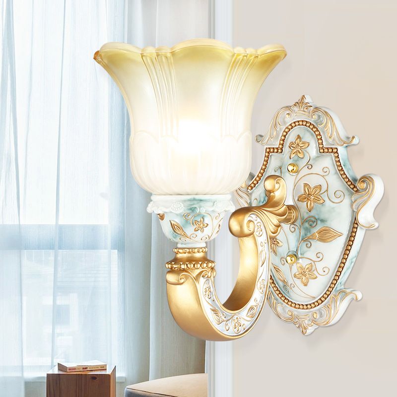 Gold Single Light Wall Lamp Rural Style Opaline Glass Floral Wall Mounted Lighting with Curvy Arm
