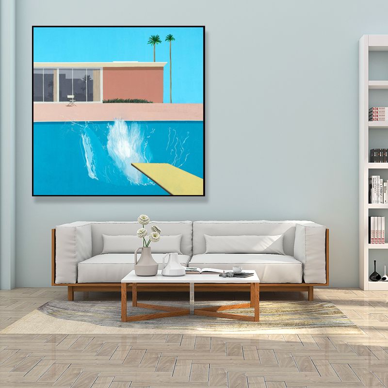 House and Swimming Pool Canvas Textured Contemporary Style for Boys Bedroom Painting