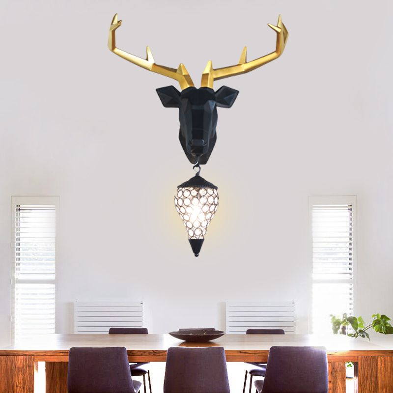 1 Light Wall Lamp Country Deer Resin Sconce Light Fixture in Black/Gold with Teardrop Crystal Shade