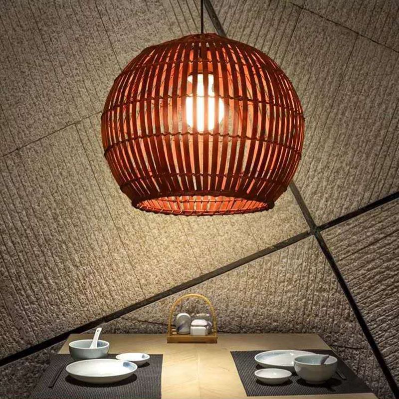 Spherical Hand-Woven Pendant Asia Art Deco 1 Bulb Bamboo Hanging Light for Dining Table