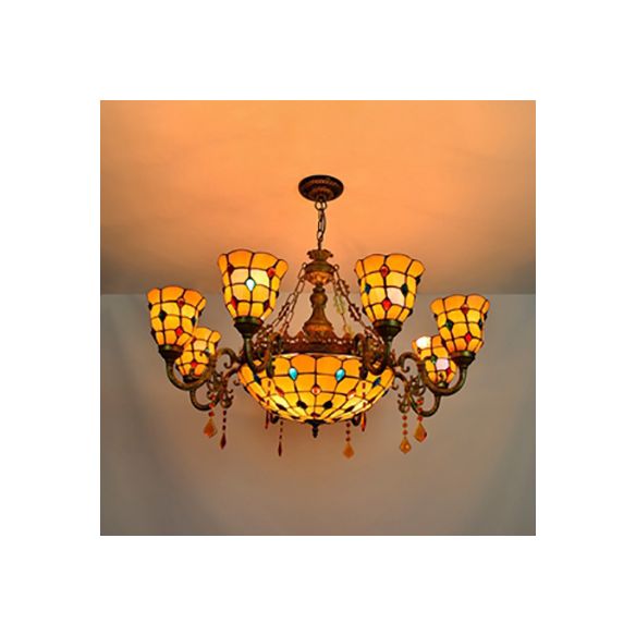 8 Arms Bell Suspension Light Rustic Stained Glass Chandelier Light with Center Bowl in Yellow for Villa